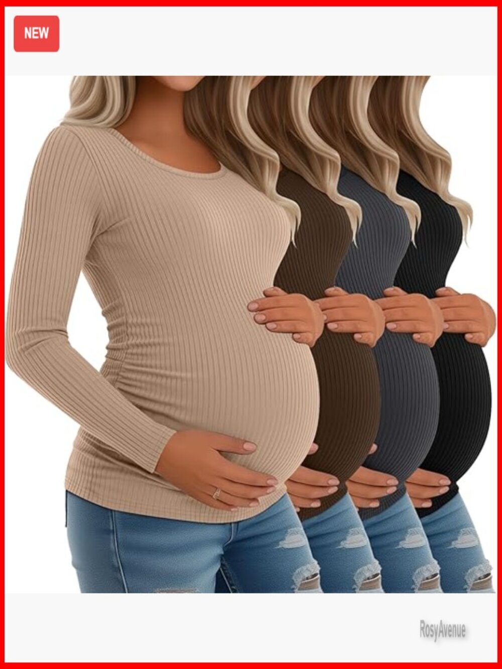 4 Pack Maternity Tees Long Sleeve Cotton Ribbed Side Ruched Pregnancy Tops